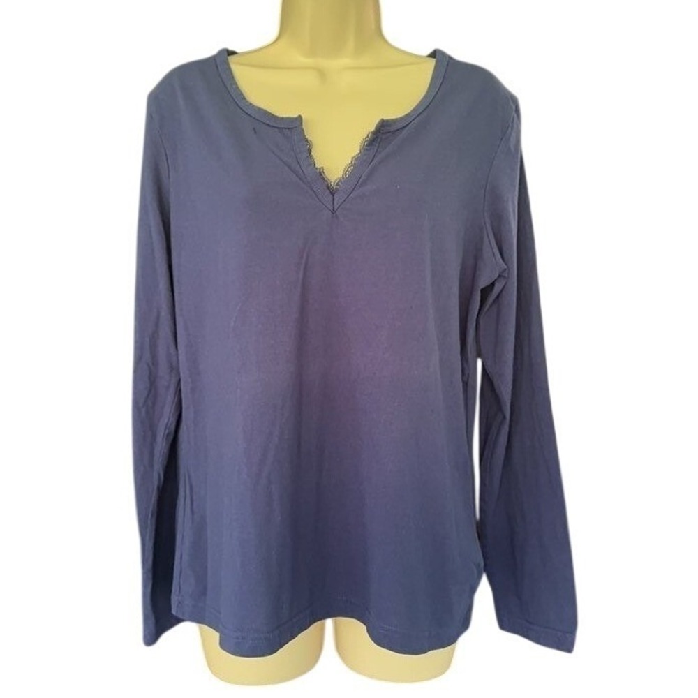 French Dressing Sleepwear Blue Lace Trim Split Neck‎ Long Sleeve Pajama Top L